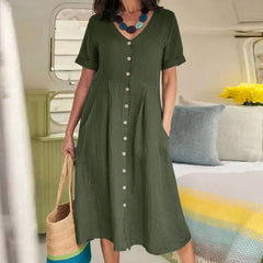 Damen Sommer Kurzarm-Leinen-Midikleid mit Knöpfen und Taschen in Armee grün