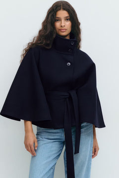 Lara™ | Cape-Mantel mit Taillengürtel & Stehkragen in Blau