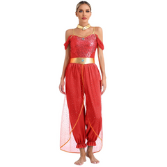 Damen Fantasy Halloween Jumpsuit | Schulterfrei im Harem-Stil in Rot