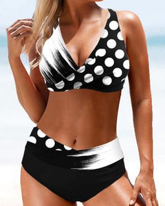 Samantha – Hohe Taille bunter Bikini Badeanzug in Schwarz