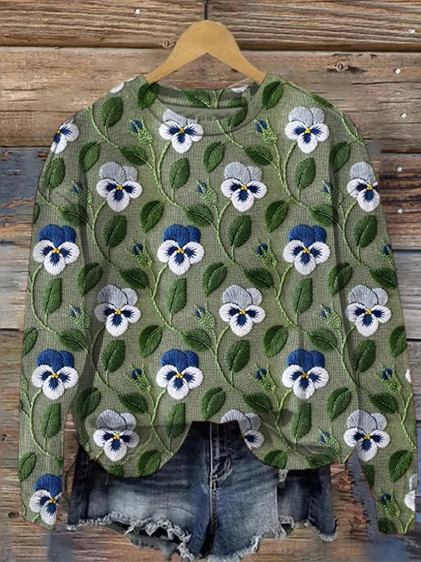 Rundhals-Pullover mit Blumenstickerei für Frauen