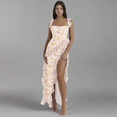 Zisel | Luftiges Maxikleid mit eleganten Volants in Rot-Orange mit kleinen  Blumen