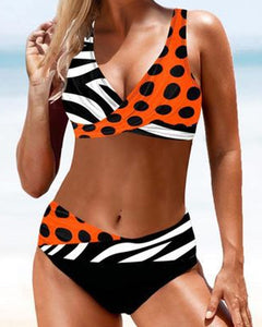 Samantha – Hohe Taille bunter Bikini Badeanzug in Orange