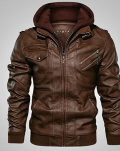 Stefan | Herren Klassische Biker Lederjacke mit Kapuze in Braun