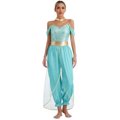 Damen Fantasy Halloween Jumpsuit | Schulterfrei im Harem-Stil in Türkis