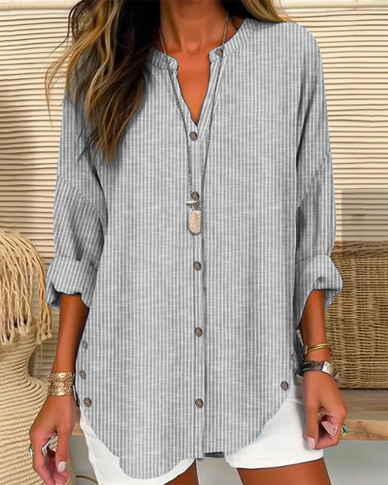 Rundhalsausschnitt Gestreiftes Shirt mit Knöpfen für Damen