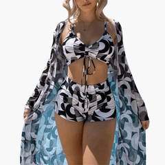 Bikini-Set mit V-Ausschnitt für Damen – Batik-Überwurf inklusive in Schwarz