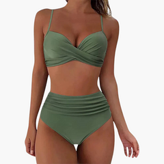 Zweiteiliges Bikini-Set - Damen Bademode mit Blumenprint & Bund in Grün