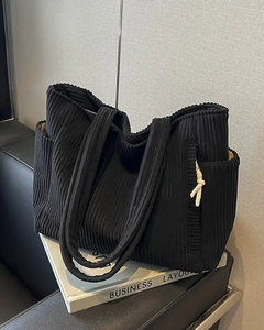 Stefanie® | Gerippte Tragetasche mit Kordel-Detail in Schwarz