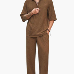Herren Sommer Set mit Kurzarmhemd und elastischer Hose in Karamell