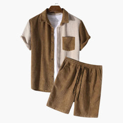 Herren Sommer Set aus Waffelstruktur mit Hemd und Shorts in Braun