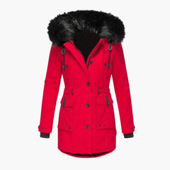 Damen Parka-Jacke mit Kapuze, Knopfverschluss und Pattentaschen in Rot