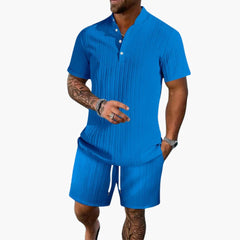 Herren Sommer Set mit Poloshirt und Shorts aus Rippstoff in Blau