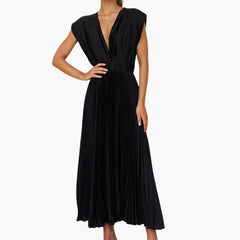 V-Ausschnitt Midi Abendkleid für Frauen - Elegante Faltenoptik in Schwarz