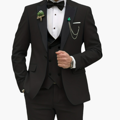 Herren Anzug dreiteilig mit Slim Fit und Kontrastrevers in Schwarz