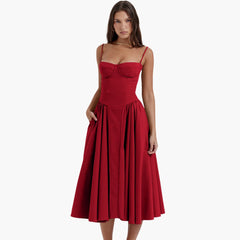 Midikleid Damen – Retro Corsagenkleid mit Trägern Sommer in Rot