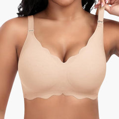 Damen bügelloser BH mit V-Ausschnitt und Spitzendetails in Beige
