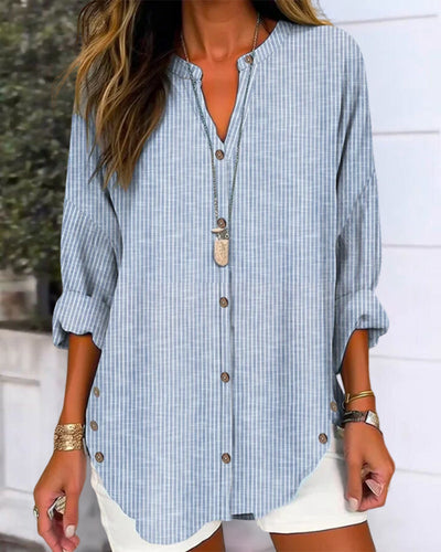 Rundhalsausschnitt Gestreiftes Shirt mit Knöpfen für Damen