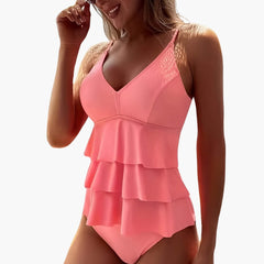 Einteiliger Damen-Badeanzug mit V-Ausschnitt und mehrlagigen Rüschen. in Rosa