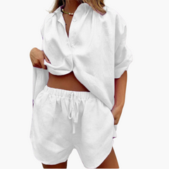 Zweiteiler Set für Damen - mit Knopfleiste und Shorts in Weiß