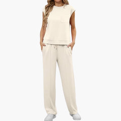 Zweiteiliges Sommer Set für Damen mit Kappärmeln und Taschen in Aprikose