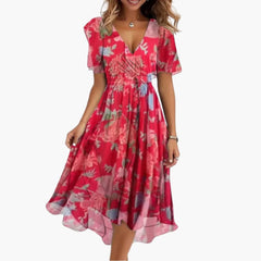 Midikleid für Damen - Elegant, Blumenmuster & V-Ausschnitt in Rosa
