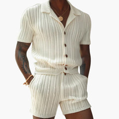 Herren Sommer-Set aus Strick mit Polohemd und Shorts in Elfenbein