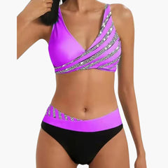 Glitzer Streifen Bikini - mit Damen High-Waist Schnitt in Lila