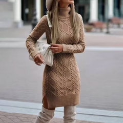 Damen Langarm Strickkleid | Midi in Khaki