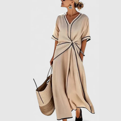 Veronika | Damen V-Ausschnitt Bindegürtel Midi Kleid in Beige