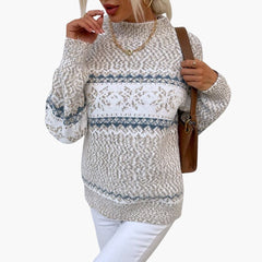 Damen pullover mit Rollkragen und Schneeflockenmuster in Beige