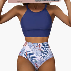 Blumenmuster High-Waist Bikini - Damen Zweiteiler für den Sommer in Blau