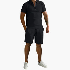 Herren Sommer-Zweiteiler mit Half-Zip-Shirt und Shorts in Schwarz