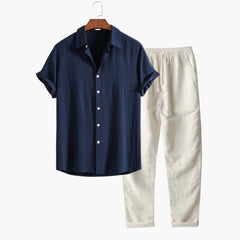 Herren Sommer-Zweiteiler mit Kurzarmhemd und Tapered-Hose in Marineblau