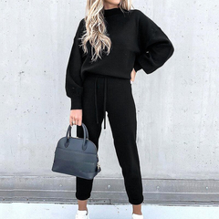 Damen Zweiteiler Set | Freizeitanzug mit Pullover und Hose in Schwarz