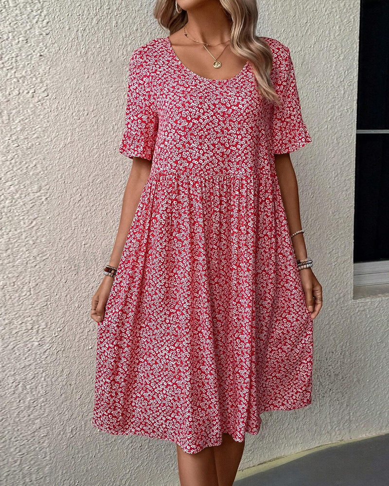 Damen Sommer Kurzen Ärmeln Midikleid mit Blumenmuster und Rundhalsausschnitt