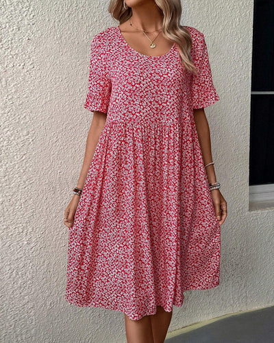 Damen Sommer Kurzen Ärmeln Midikleid mit Blumenmuster und Rundhalsausschnitt