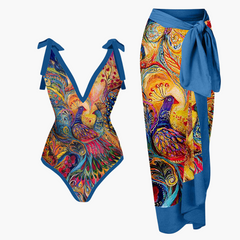 Badeanzug-Set für Damen - mit Blumenmuster und Pareo-Überwurf in Blau