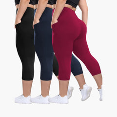 Capri-Leggings Set - Für Damen mit hoher Taille Sport in Schwarz/Marineblau/Rot