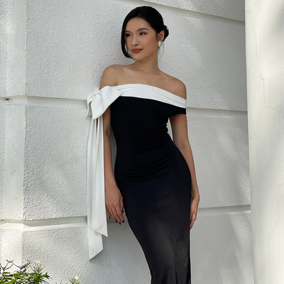Melany - schulterfreies Damenkleid mit Schleife