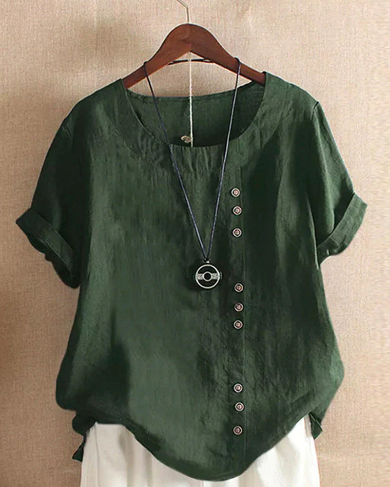 Zayla - Unifarbenes Kurzarm-Bluse mit Rundhalsausschnitt