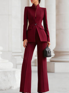 Franziska | Damen Maßgeschneiderter Blazer Weites Bein Set in Bordeauxrot