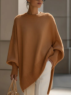 Kimia - Übergroß Gestrickt Rundhalsausschnitt Pullover in Braun