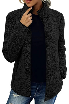 Fleece-Strickjacke mit Reißverschluss und Taschen für Frauen in Schwarz