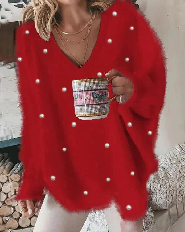 Flauschiger Pullover mit V-Ausschnitt für Frauen