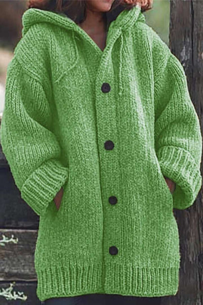 Lange Damen-Strickjacke mit Kapuze | Warme