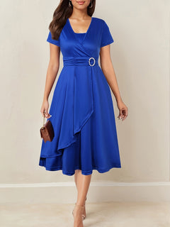 Elisa | V-Ausschnitt Midikleid mit asymmetrischem Saum in Blau