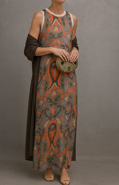 CORVALISSE - Elegantes Maxikleid mit passendem Schal in Kaffee