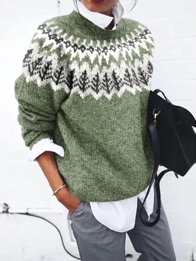 Grüner Pullover mit weißen Mustern für Frauen