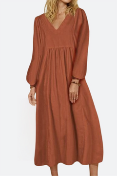 Yuna | V-Ausschnitt Ballonärmel Midikleid in Rot Ziegelrot